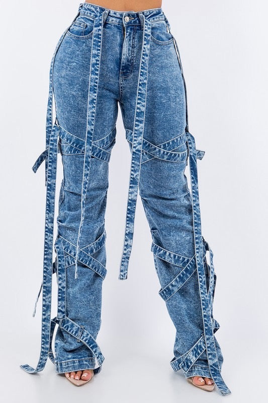 Denim Strap Cargo Jeans - Mid Blue