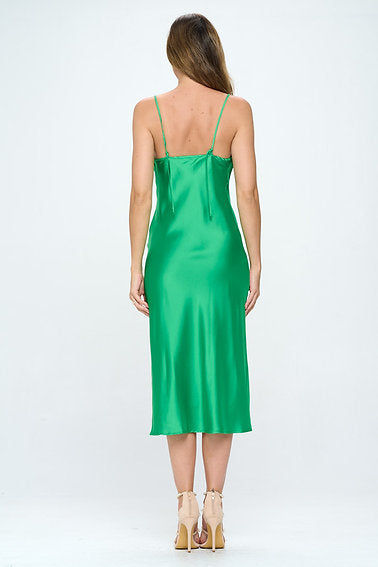 Satin Bias Slip Dress with Slit - GREEN