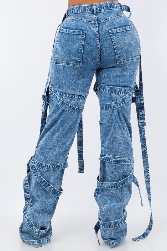 Denim Strap Cargo Jeans - Mid Blue