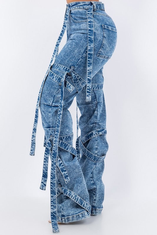 Denim Strap Cargo Jeans - Mid Blue